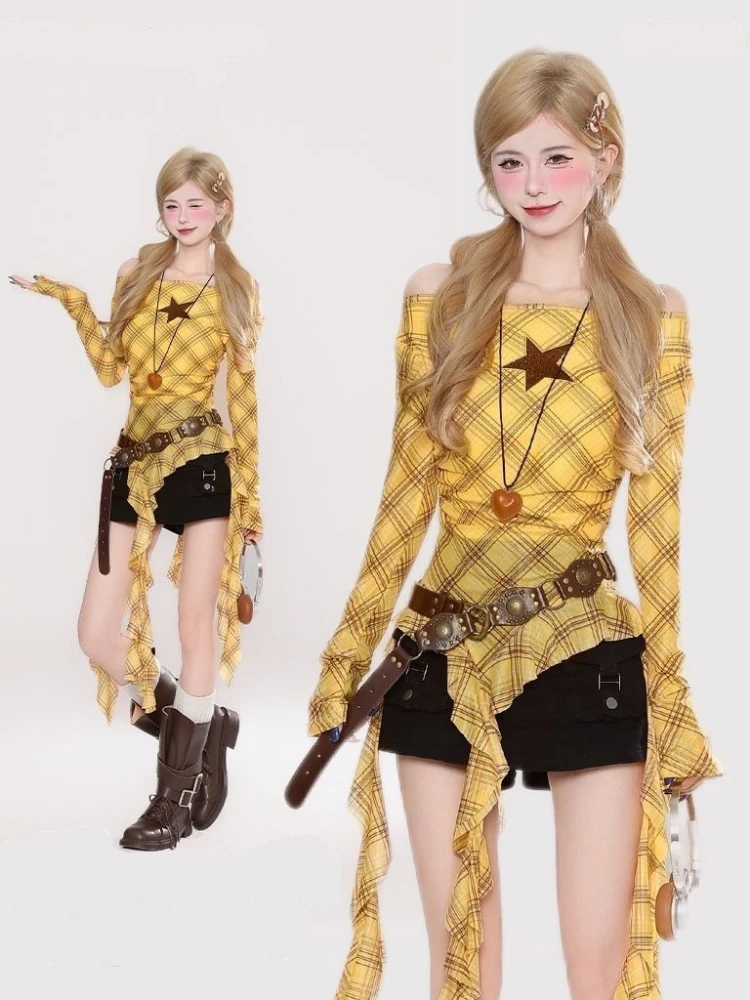 Y2K Plaid Slash Neck Vintage T - Vintage Y2K recension och pris