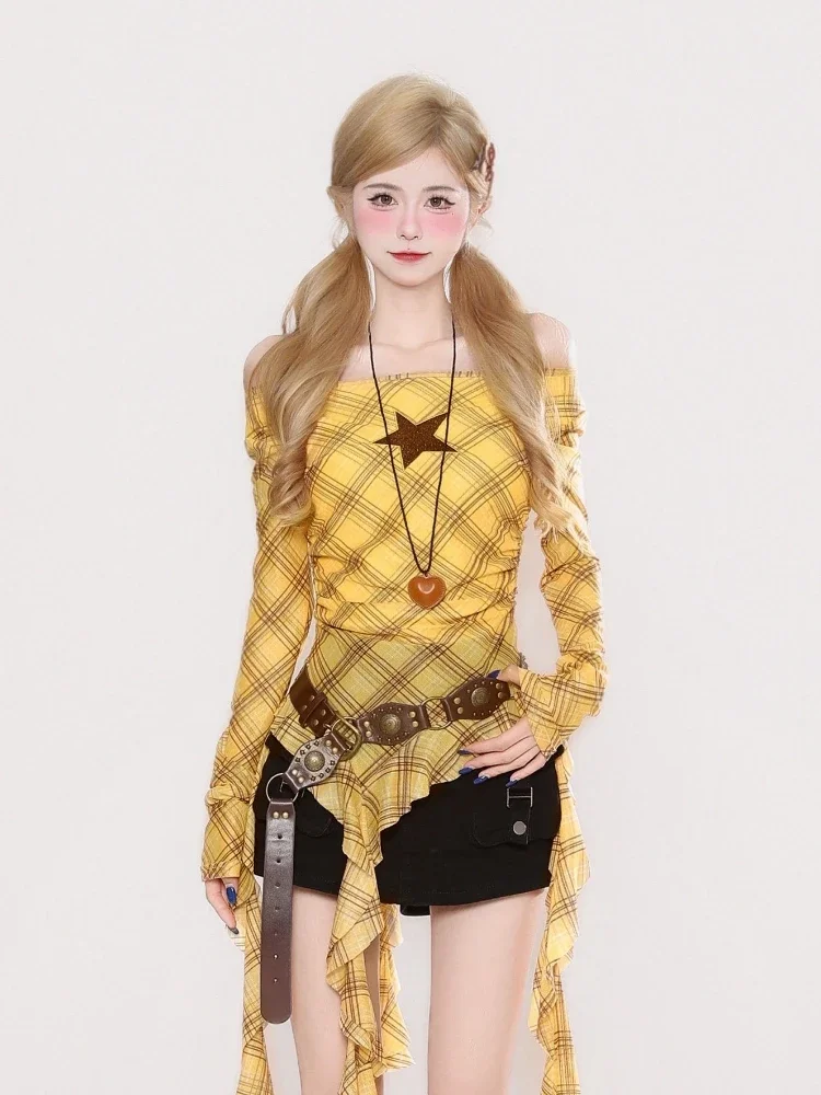 Y2K Plaid Slash Neck Vintage T - Vintage Y2K recension och pris