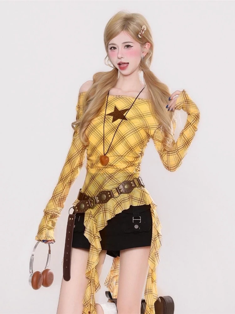 Y2K Plaid Slash Neck Vintage T - Vintage Y2K recension och pris